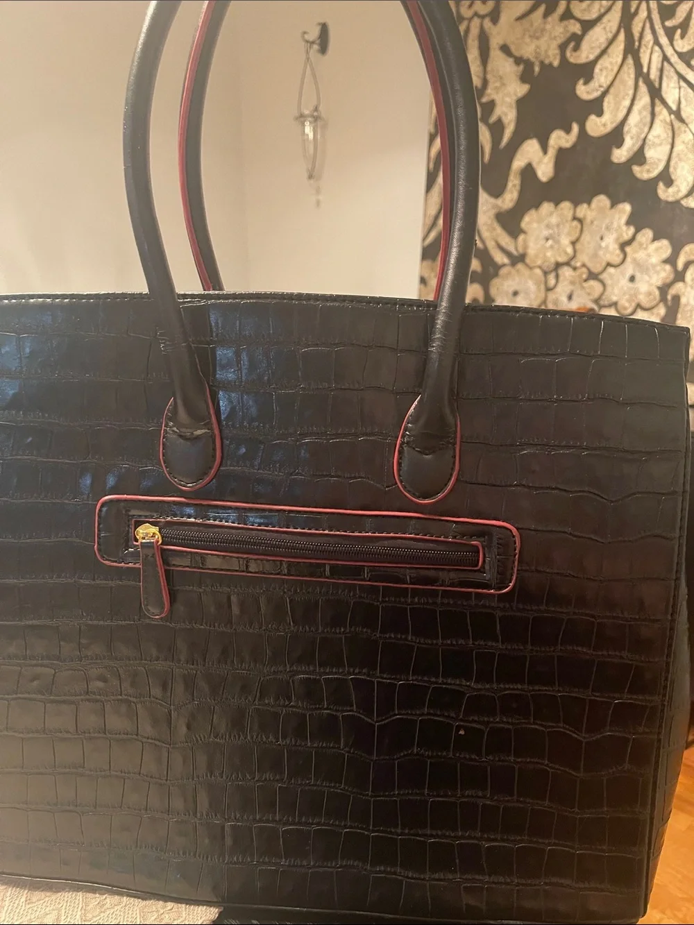 Adrienne Vittadini Black           Croc-Embossed Leather Tote Bag / Red Trim